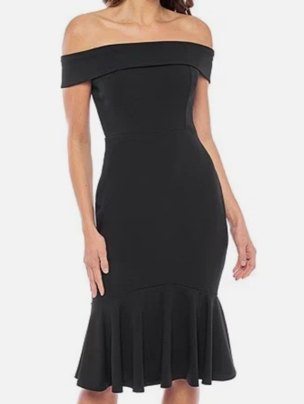 NWT MARINA Black Off Shoulder Midi Dress Scuba Mermaid  8 Cocktail Formal Nice!